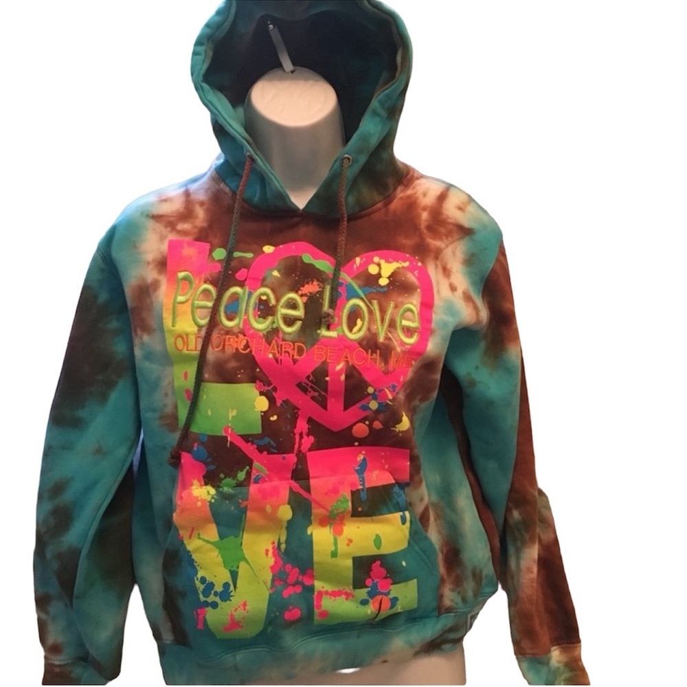 EUC Rag wear Tie dye hoodie sweatshirt Sz M juniors Great bight neon peace love